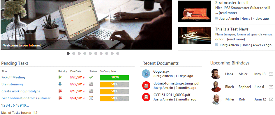 Example of Tiles web part using 5 Webpart tiles